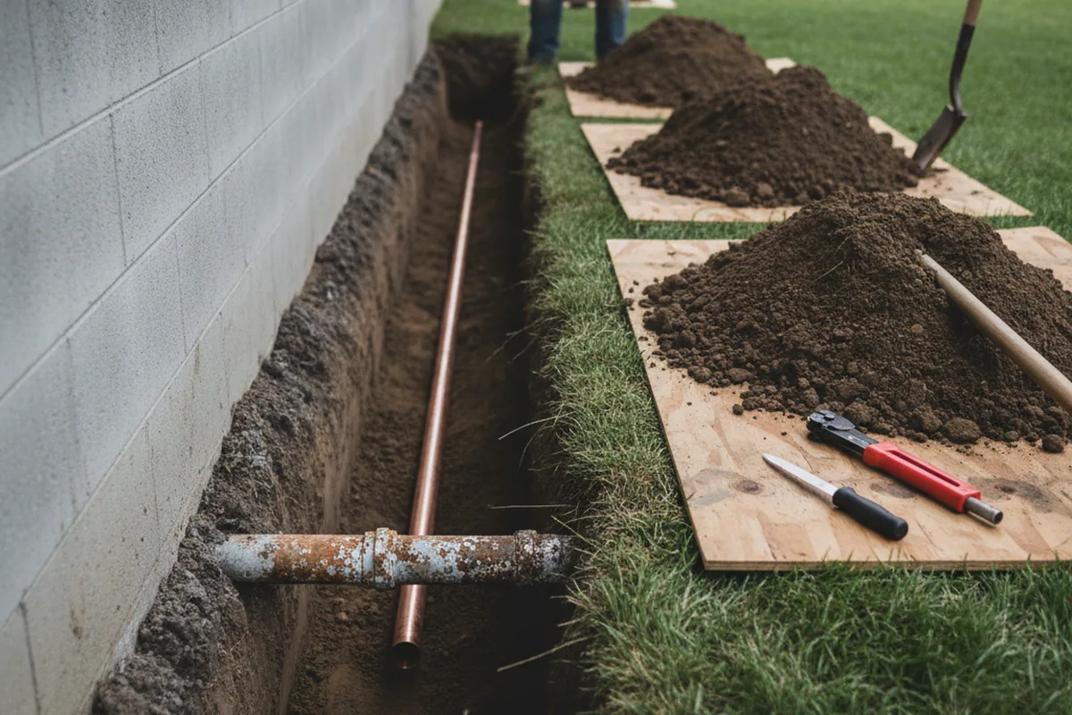 Excavated water line trench during Water Softener Installation in Castle
